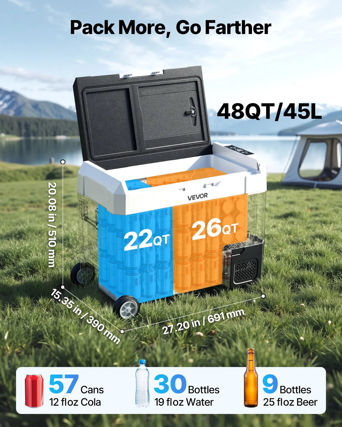 VEVOR auto ledusskapis 45 l ar kompresoru, DC 12/24 V un AC 100–240 V, temperatūra no - 20 °C līdz +20 °C, divu zonu dzesētājs ar lietotnes vadību un riteņiem, piemērots auto, RV, laivām, kempingam un makšķerēšanai - ZEMLETES.LV