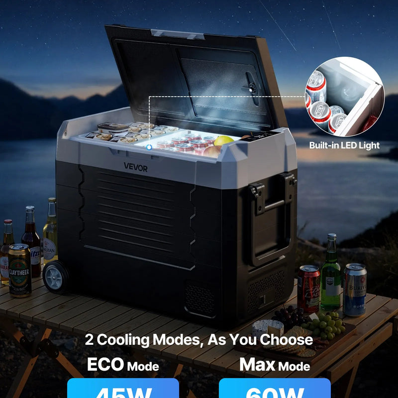 VEVOR auto ledusskapis 45 l ar kompresoru, DC 12/24 V un AC 100–240 V, temperatūra no - 20 °C līdz +20 °C, divu zonu dzesētājs ar lietotnes vadību un riteņiem, piemērots auto, RV, laivām, kempingam un makšķerēšanai - ZEMLETES.LV