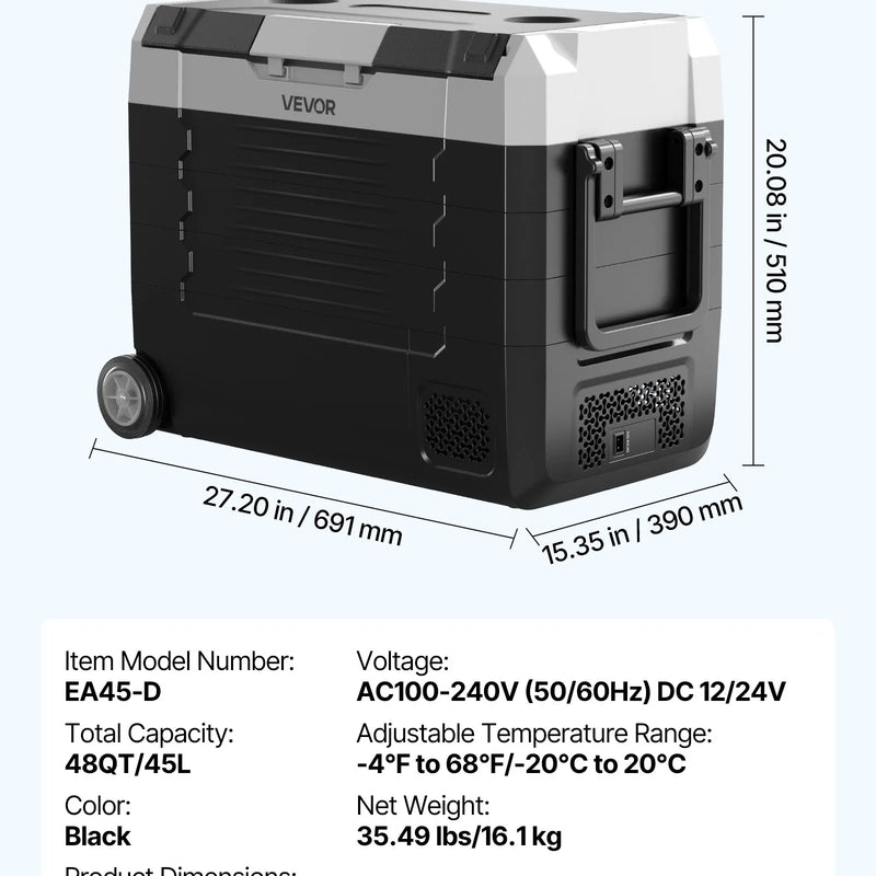 VEVOR auto ledusskapis 45 l ar kompresoru, DC 12/24 V un AC 100–240 V, temperatūra no - 20 °C līdz +20 °C, divu zonu dzesētājs ar lietotnes vadību un riteņiem, piemērots auto, RV, laivām, kempingam un makšķerēšanai - ZEMLETES.LV