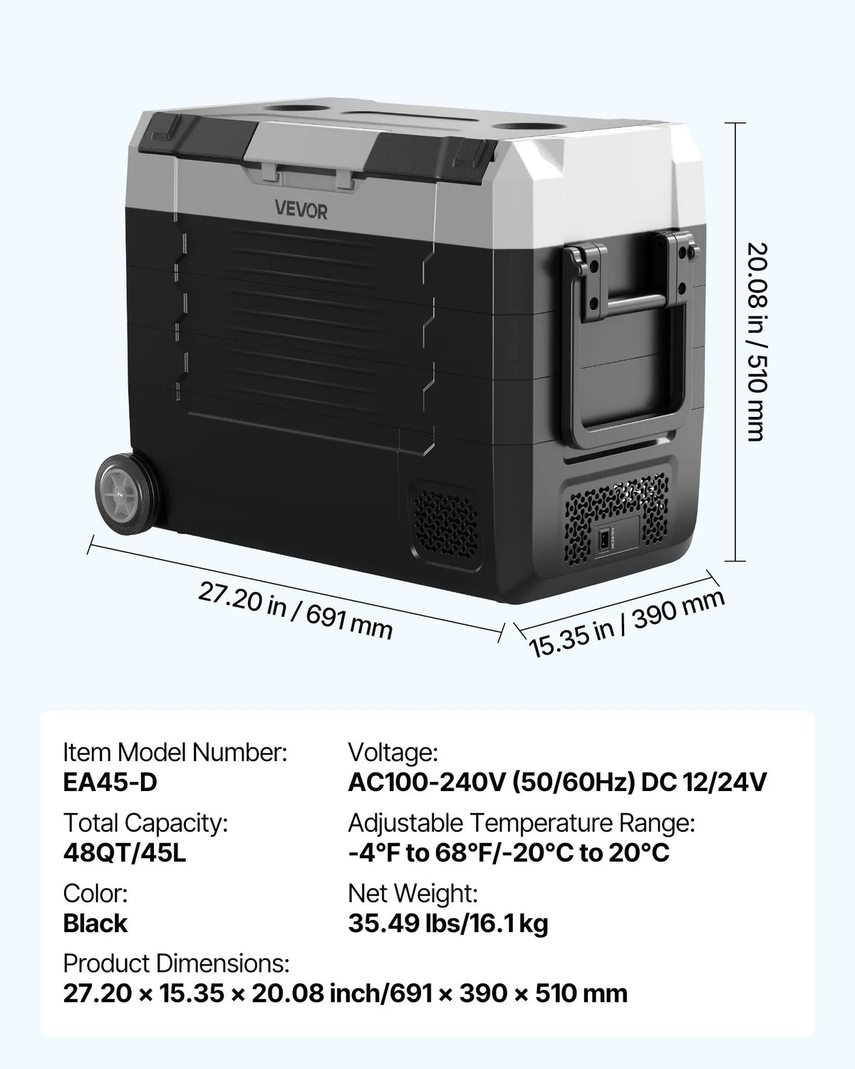 VEVOR auto ledusskapis 45 l ar kompresoru, DC 12/24 V un AC 100–240 V, temperatūra no - 20 °C līdz +20 °C, divu zonu dzesētājs ar lietotnes vadību un riteņiem, piemērots auto, RV, laivām, kempingam un makšķerēšanai - ZEMLETES.LV