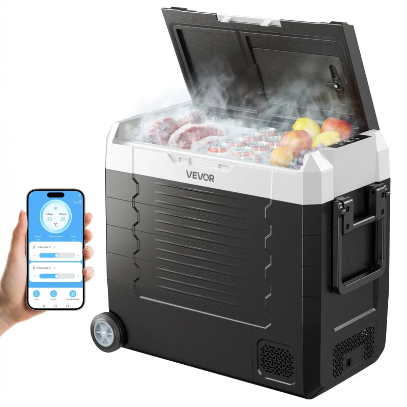 VEVOR auto ledusskapis 55 l ar kompresoru, DC 12/24 V un AC 100–240 V, temperatūra no - 20 °C līdz +20 °C, divu zonu dzesētājs ar lietotnes vadību un riteņiem, piemērots auto, RV, laivām, kempingam un makšķerēšanai - ZEMLETES.LV