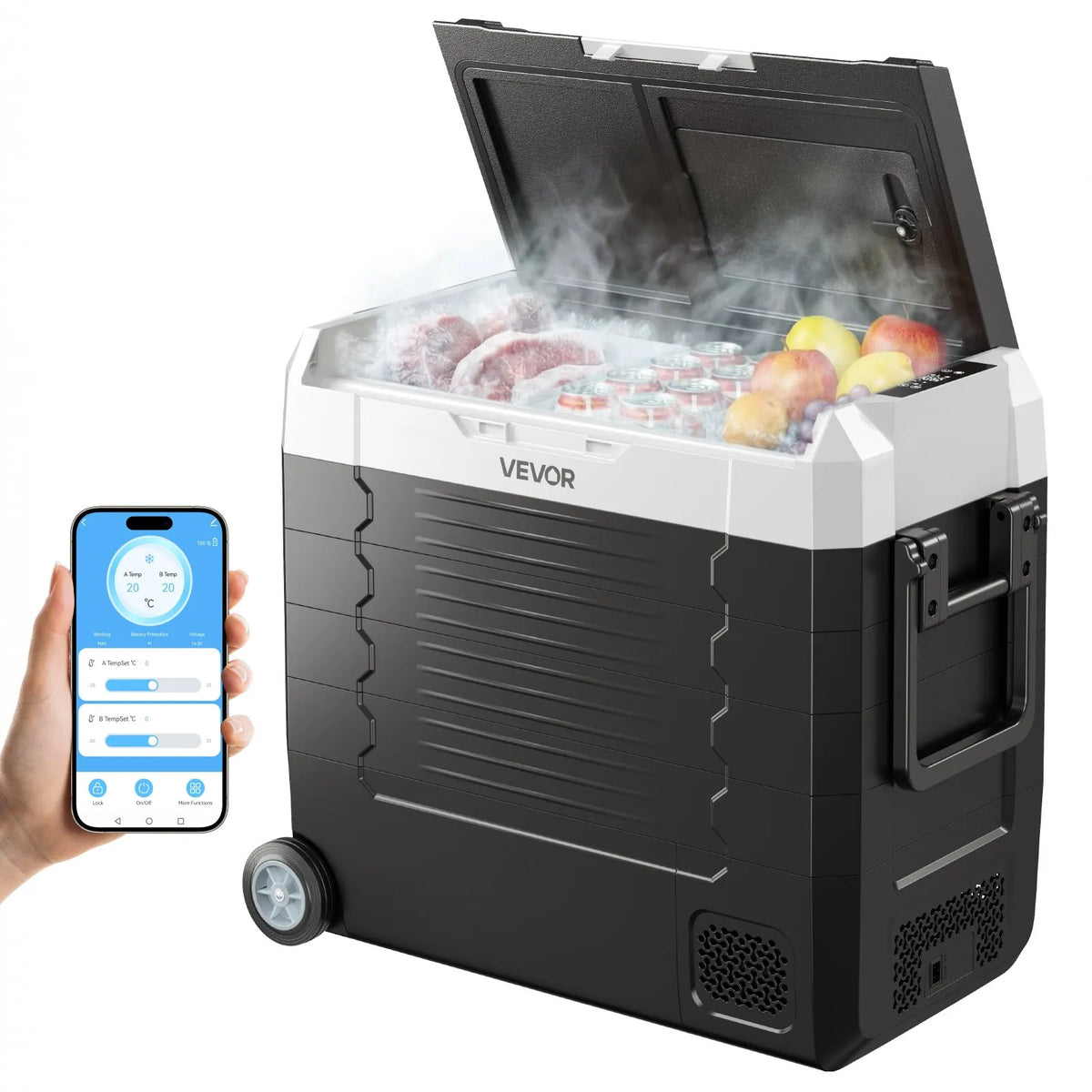 VEVOR auto ledusskapis 55 l ar kompresoru, DC 12/24 V un AC 100–240 V, temperatūra no - 20 °C līdz +20 °C, divu zonu dzesētājs ar lietotnes vadību un riteņiem, piemērots auto, RV, laivām, kempingam un makšķerēšanai - ZEMLETES.LV