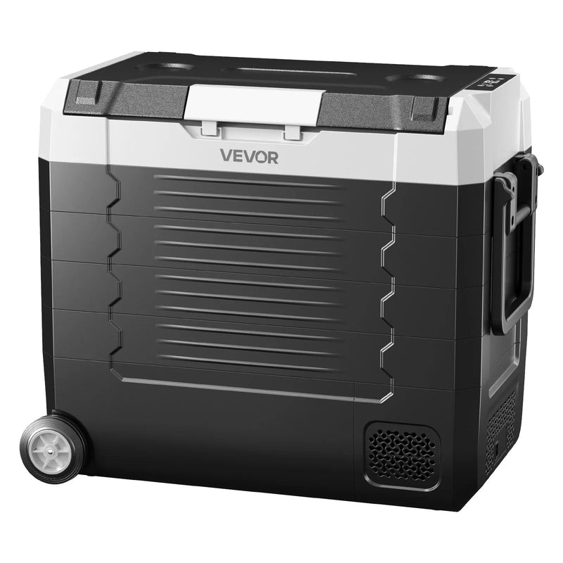 VEVOR auto ledusskapis 55 l ar kompresoru, DC 12/24 V un AC 100–240 V, temperatūra no - 20 °C līdz +20 °C, divu zonu dzesētājs ar lietotnes vadību un riteņiem, piemērots auto, RV, laivām, kempingam un makšķerēšanai - ZEMLETES.LV