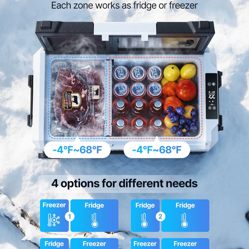 VEVOR auto ledusskapis 55 l ar kompresoru, DC 12/24 V un AC 100–240 V, temperatūra no - 20 °C līdz +20 °C, divu zonu dzesētājs ar lietotnes vadību un riteņiem, piemērots auto, RV, laivām, kempingam un makšķerēšanai - ZEMLETES.LV