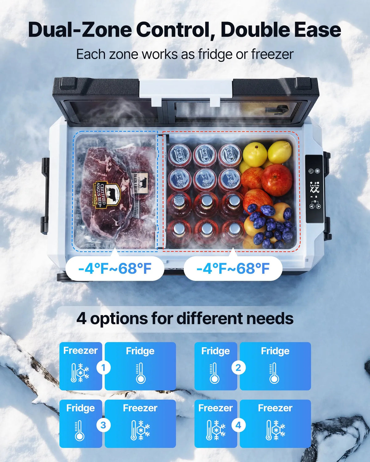 VEVOR auto ledusskapis 55 l ar kompresoru, DC 12/24 V un AC 100–240 V, temperatūra no - 20 °C līdz +20 °C, divu zonu dzesētājs ar lietotnes vadību un riteņiem, piemērots auto, RV, laivām, kempingam un makšķerēšanai - ZEMLETES.LV