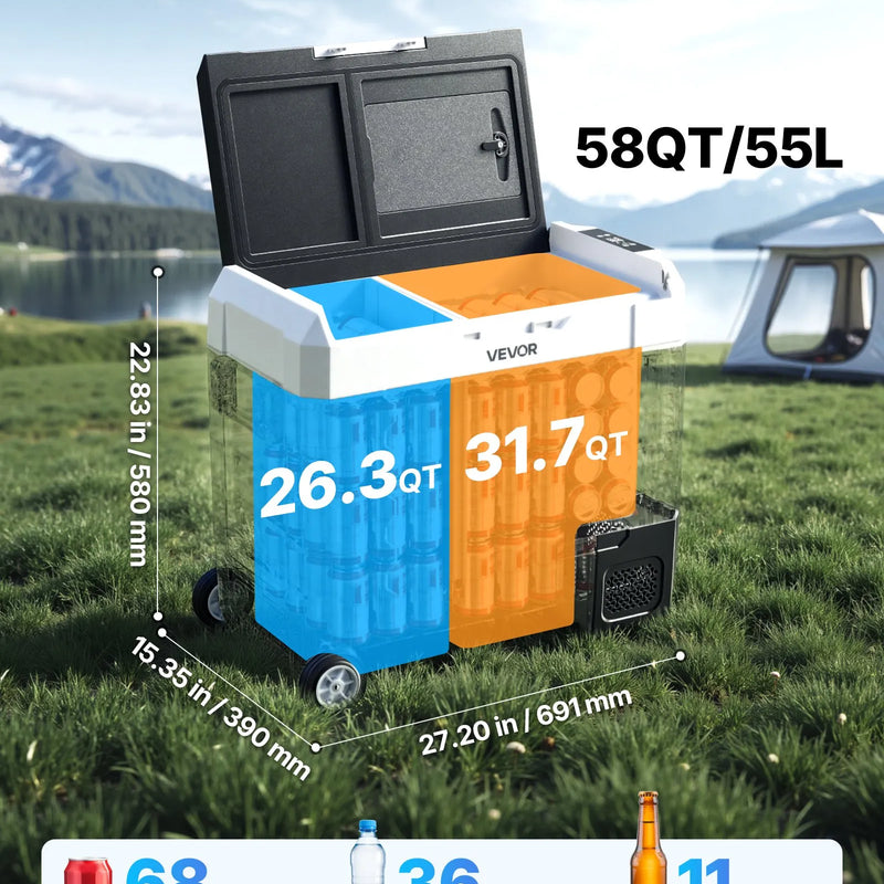 VEVOR auto ledusskapis 55 l ar kompresoru, DC 12/24 V un AC 100–240 V, temperatūra no - 20 °C līdz +20 °C, divu zonu dzesētājs ar lietotnes vadību un riteņiem, piemērots auto, RV, laivām, kempingam un makšķerēšanai - ZEMLETES.LV