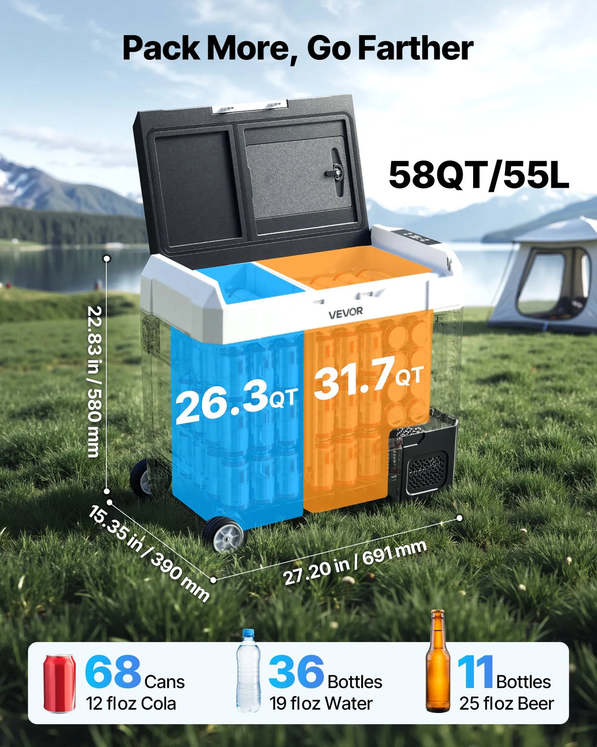 VEVOR auto ledusskapis 55 l ar kompresoru, DC 12/24 V un AC 100–240 V, temperatūra no - 20 °C līdz +20 °C, divu zonu dzesētājs ar lietotnes vadību un riteņiem, piemērots auto, RV, laivām, kempingam un makšķerēšanai - ZEMLETES.LV