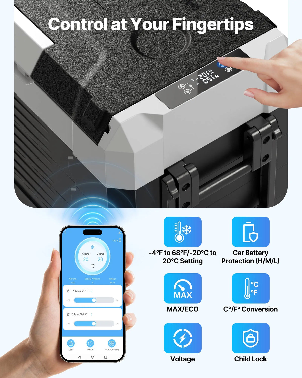 VEVOR auto ledusskapis 55 l ar kompresoru, DC 12/24 V un AC 100–240 V, temperatūra no - 20 °C līdz +20 °C, divu zonu dzesētājs ar lietotnes vadību un riteņiem, piemērots auto, RV, laivām, kempingam un makšķerēšanai - ZEMLETES.LV