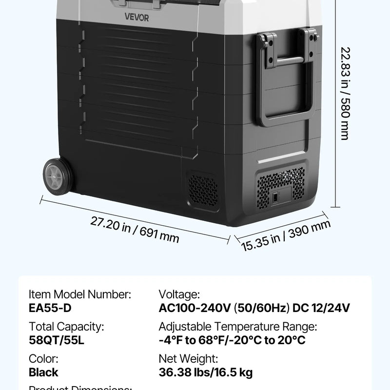 VEVOR auto ledusskapis 55 l ar kompresoru, DC 12/24 V un AC 100–240 V, temperatūra no - 20 °C līdz +20 °C, divu zonu dzesētājs ar lietotnes vadību un riteņiem, piemērots auto, RV, laivām, kempingam un makšķerēšanai - ZEMLETES.LV