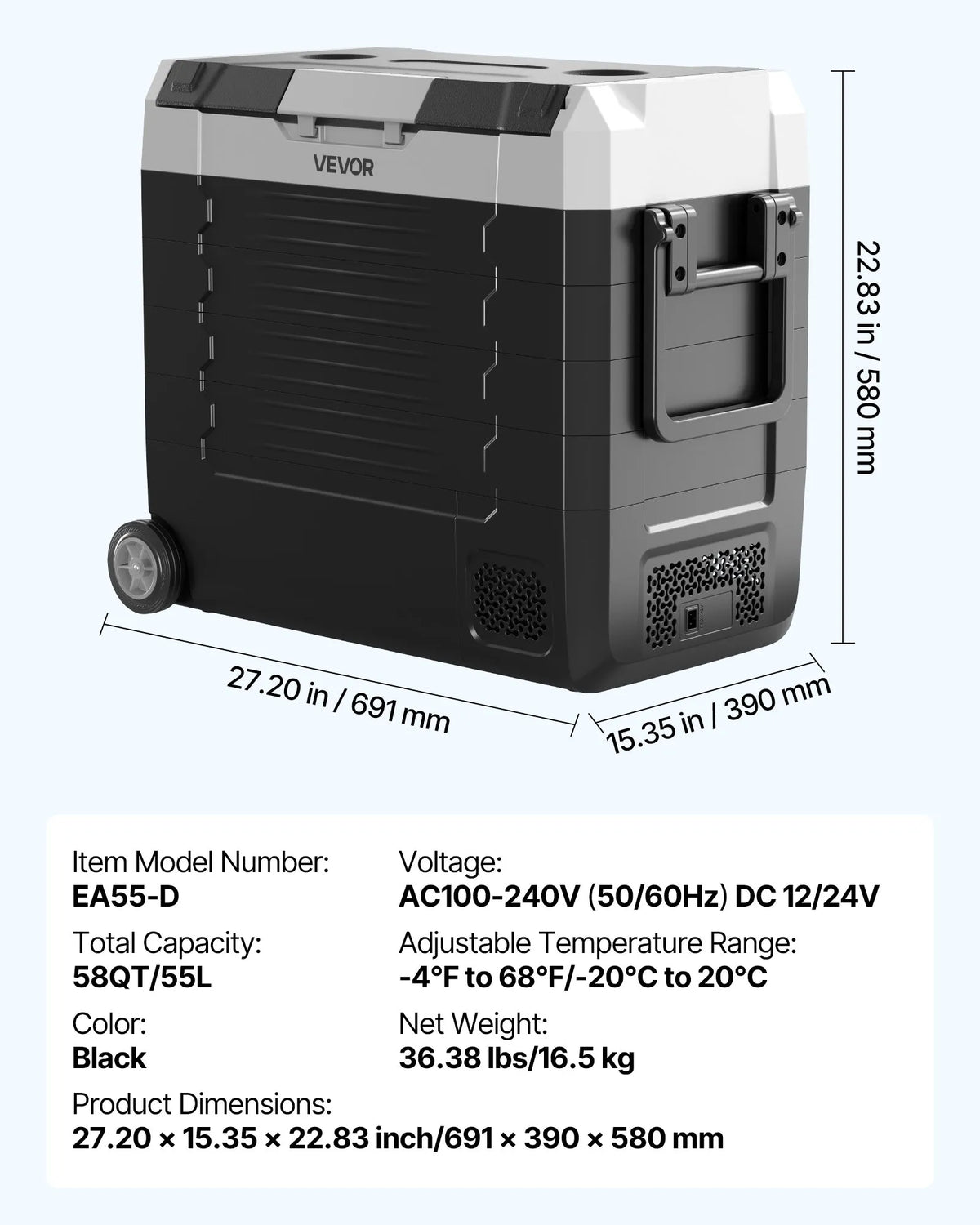 VEVOR auto ledusskapis 55 l ar kompresoru, DC 12/24 V un AC 100–240 V, temperatūra no - 20 °C līdz +20 °C, divu zonu dzesētājs ar lietotnes vadību un riteņiem, piemērots auto, RV, laivām, kempingam un makšķerēšanai - ZEMLETES.LV