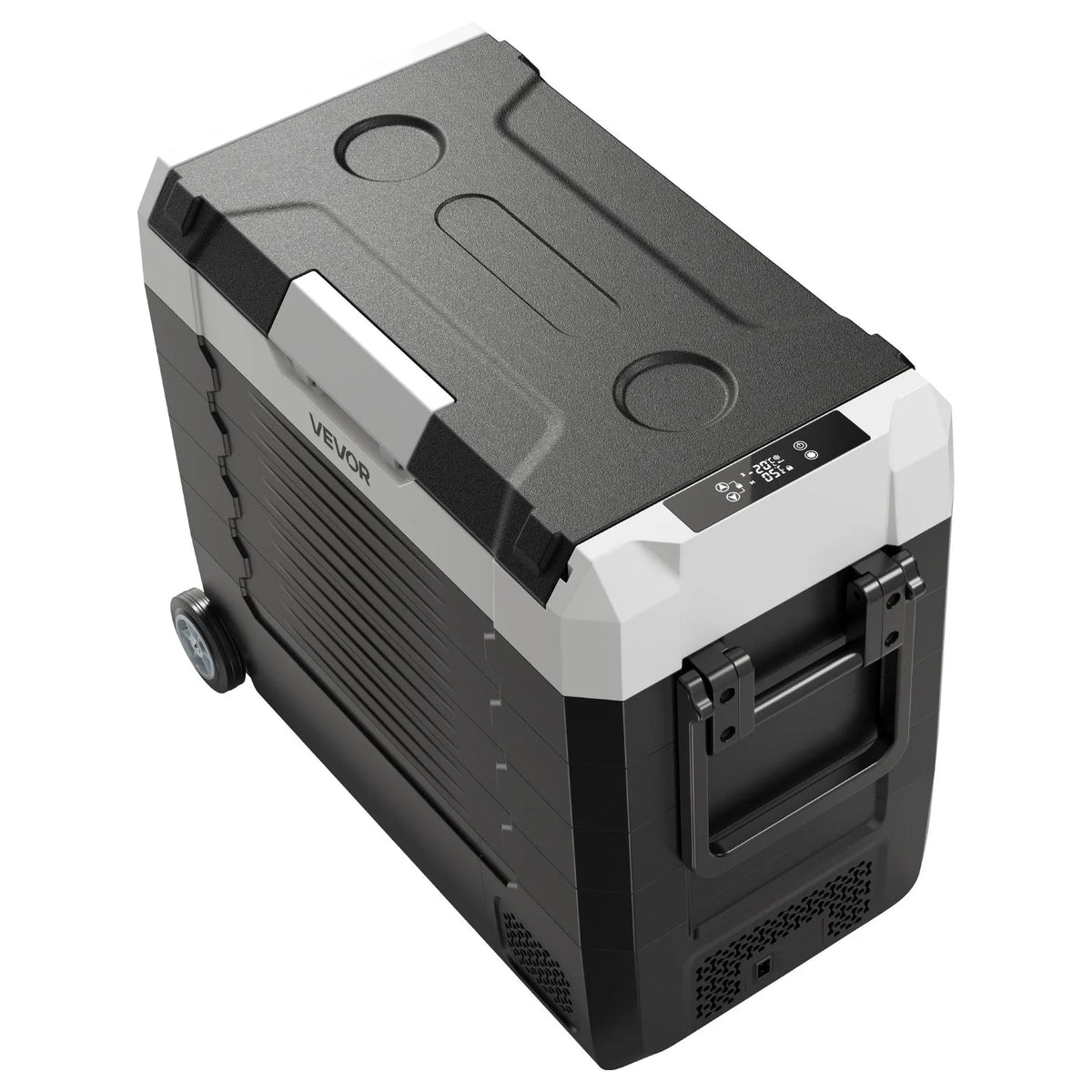 VEVOR auto ledusskapis 55 l ar kompresoru, DC 12/24 V un AC 100–240 V, temperatūra no - 20 °C līdz +20 °C, divu zonu dzesētājs ar lietotnes vadību un riteņiem, piemērots auto, RV, laivām, kempingam un makšķerēšanai - ZEMLETES.LV