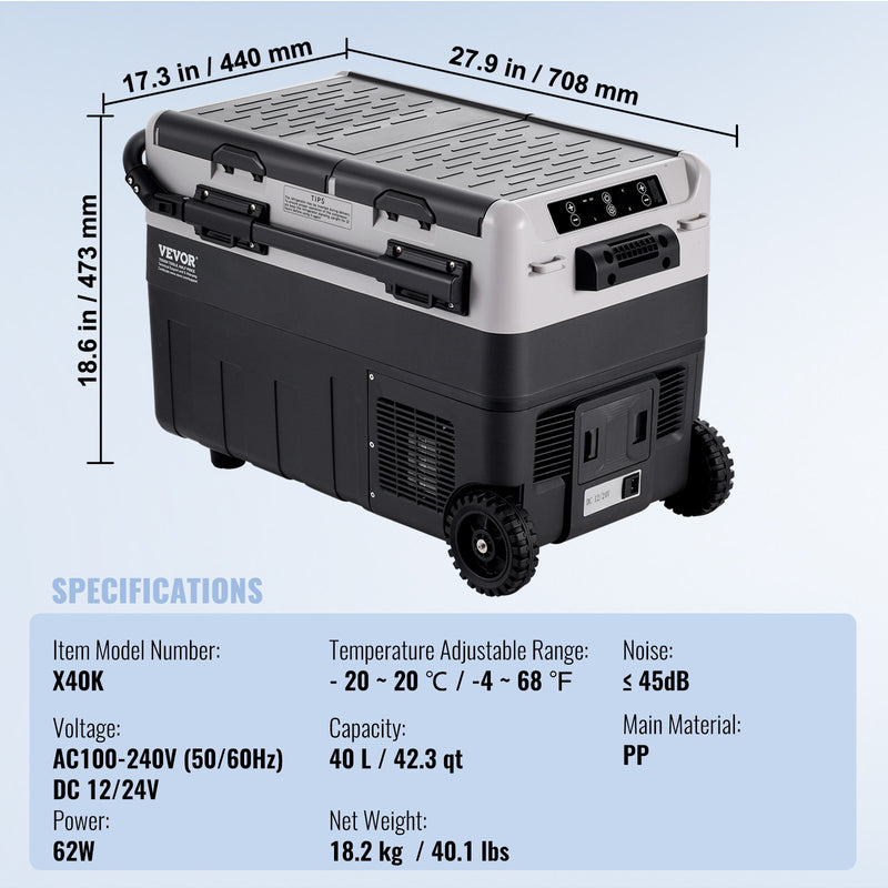 VEVOR pārnēsājams auto ledusskapis/saldētavas kompresors 40L, divas zonas