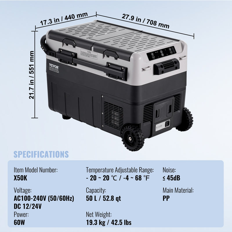 VEVOR pārnēsājams auto ledusskapis/saldētavas kompresors 50L, divas zonas