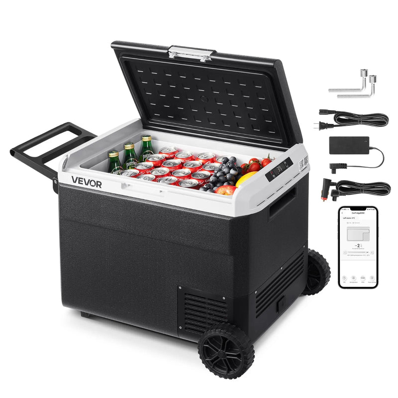 VEVOR 12 V auto ledusskapis 60 l ar riteņiem un rokturi, portatīvs kompresora dzesētājs ar regulējamu temperatūru no - 20 °C līdz 20 °C, 12/24 V DC un 100–240 V AC kempingam, ceļošanai un kemperiem - ZEMLETES.LV