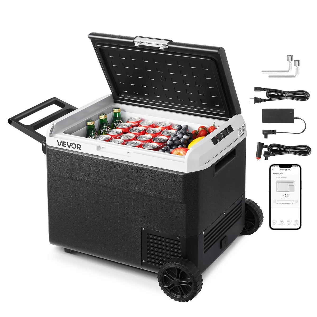 VEVOR 12 V auto ledusskapis 60 l ar riteņiem un rokturi, portatīvs kompresora dzesētājs ar regulējamu temperatūru no - 20 °C līdz 20 °C, 12/24 V DC un 100–240 V AC kempingam, ceļošanai un kemperiem - ZEMLETES.LV