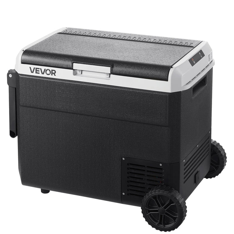 VEVOR 12 V auto ledusskapis 60 l ar riteņiem un rokturi, portatīvs kompresora dzesētājs ar regulējamu temperatūru no - 20 °C līdz 20 °C, 12/24 V DC un 100–240 V AC kempingam, ceļošanai un kemperiem - ZEMLETES.LV