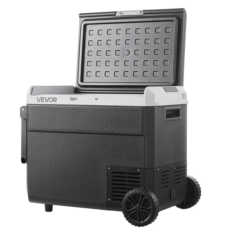 VEVOR 12 V auto ledusskapis 60 l ar riteņiem un rokturi, portatīvs kompresora dzesētājs ar regulējamu temperatūru no - 20 °C līdz 20 °C, 12/24 V DC un 100–240 V AC kempingam, ceļošanai un kemperiem - ZEMLETES.LV