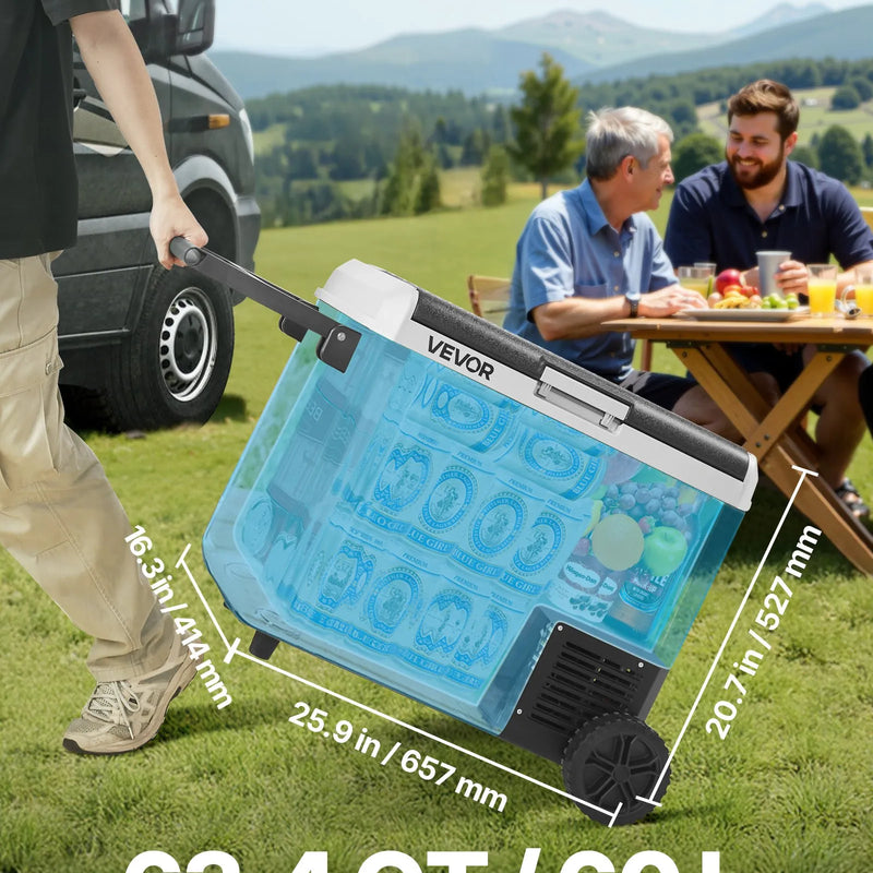 VEVOR 12 V auto ledusskapis 60 l ar riteņiem un rokturi, portatīvs kompresora dzesētājs ar regulējamu temperatūru no - 20 °C līdz 20 °C, 12/24 V DC un 100–240 V AC kempingam, ceļošanai un kemperiem - ZEMLETES.LV