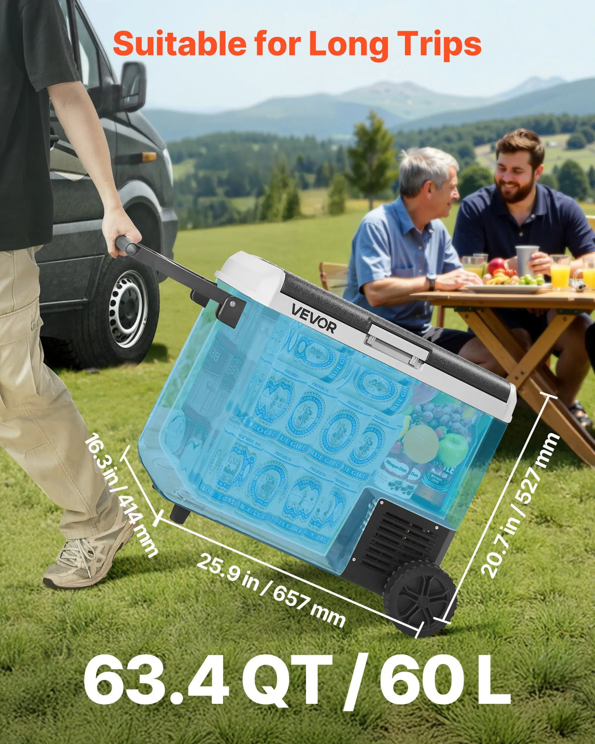 VEVOR 12 V auto ledusskapis 60 l ar riteņiem un rokturi, portatīvs kompresora dzesētājs ar regulējamu temperatūru no - 20 °C līdz 20 °C, 12/24 V DC un 100–240 V AC kempingam, ceļošanai un kemperiem - ZEMLETES.LV