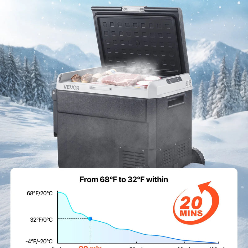 VEVOR 12 V auto ledusskapis 60 l ar riteņiem un rokturi, portatīvs kompresora dzesētājs ar regulējamu temperatūru no - 20 °C līdz 20 °C, 12/24 V DC un 100–240 V AC kempingam, ceļošanai un kemperiem - ZEMLETES.LV