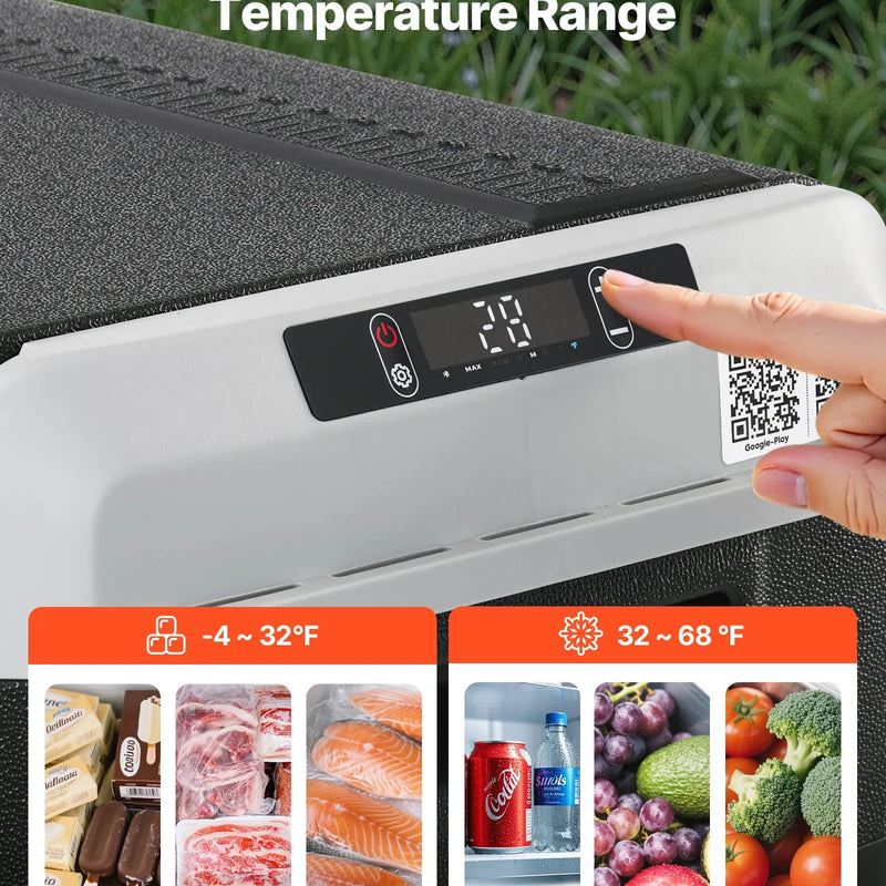 VEVOR 12 V auto ledusskapis 60 l ar riteņiem un rokturi, portatīvs kompresora dzesētājs ar regulējamu temperatūru no - 20 °C līdz 20 °C, 12/24 V DC un 100–240 V AC kempingam, ceļošanai un kemperiem - ZEMLETES.LV