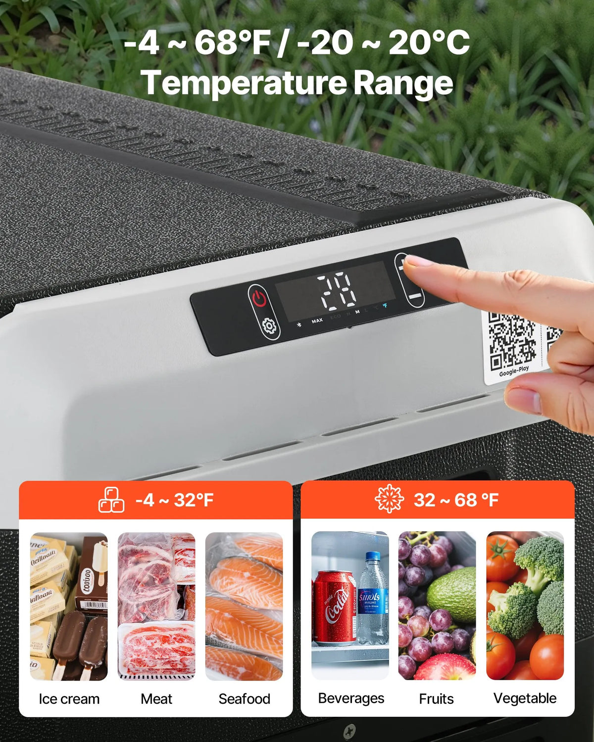 VEVOR 12 V auto ledusskapis 60 l ar riteņiem un rokturi, portatīvs kompresora dzesētājs ar regulējamu temperatūru no - 20 °C līdz 20 °C, 12/24 V DC un 100–240 V AC kempingam, ceļošanai un kemperiem - ZEMLETES.LV