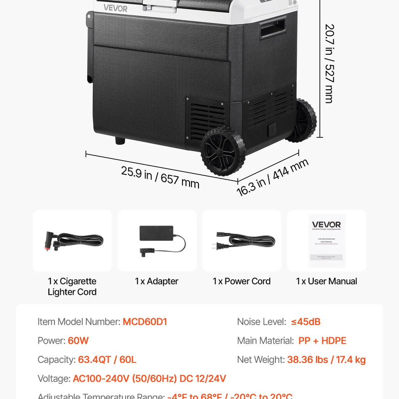 VEVOR 12 V auto ledusskapis 60 l ar riteņiem un rokturi, portatīvs kompresora dzesētājs ar regulējamu temperatūru no - 20 °C līdz 20 °C, 12/24 V DC un 100–240 V AC kempingam, ceļošanai un kemperiem - ZEMLETES.LV
