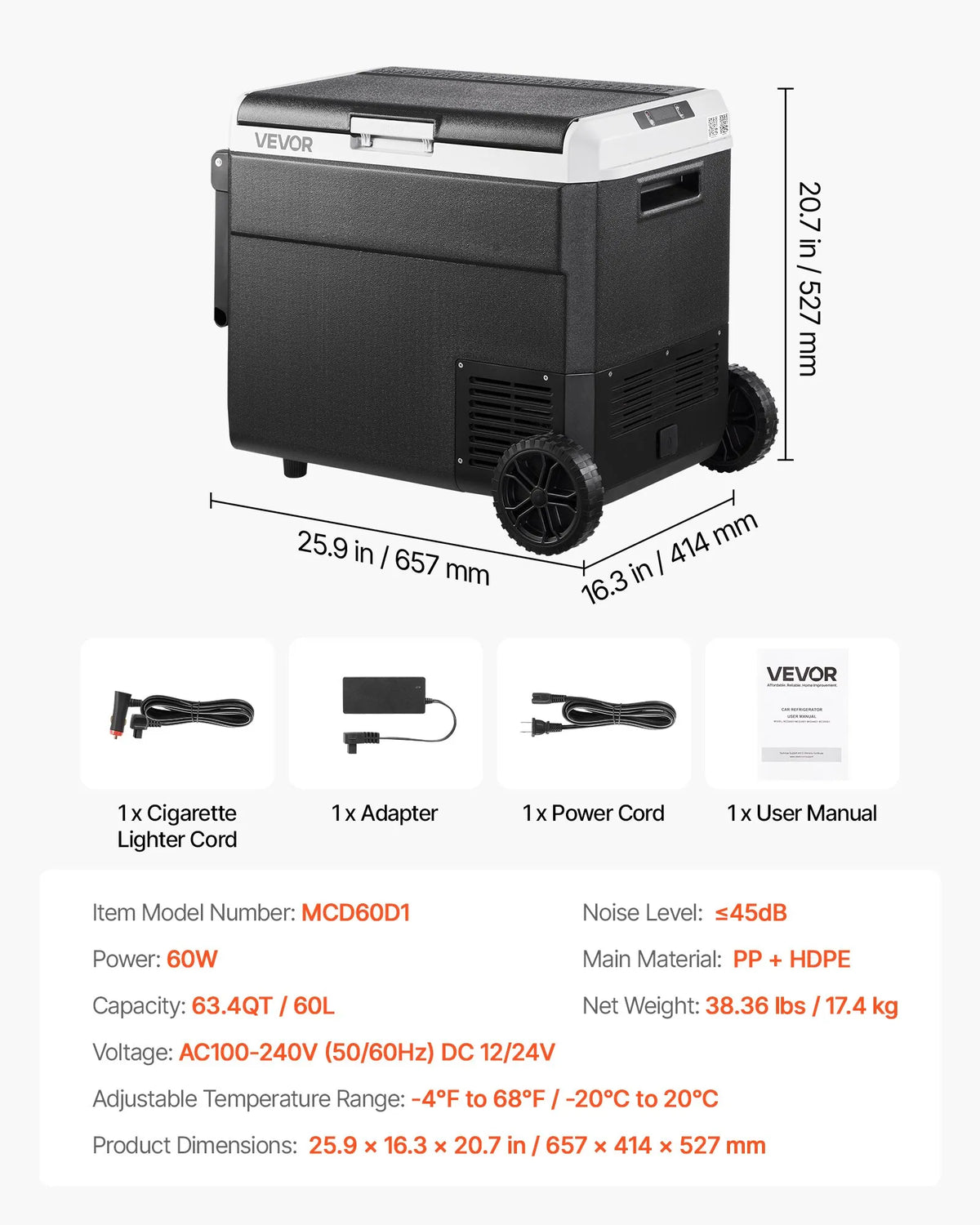 VEVOR 12 V auto ledusskapis 60 l ar riteņiem un rokturi, portatīvs kompresora dzesētājs ar regulējamu temperatūru no - 20 °C līdz 20 °C, 12/24 V DC un 100–240 V AC kempingam, ceļošanai un kemperiem - ZEMLETES.LV