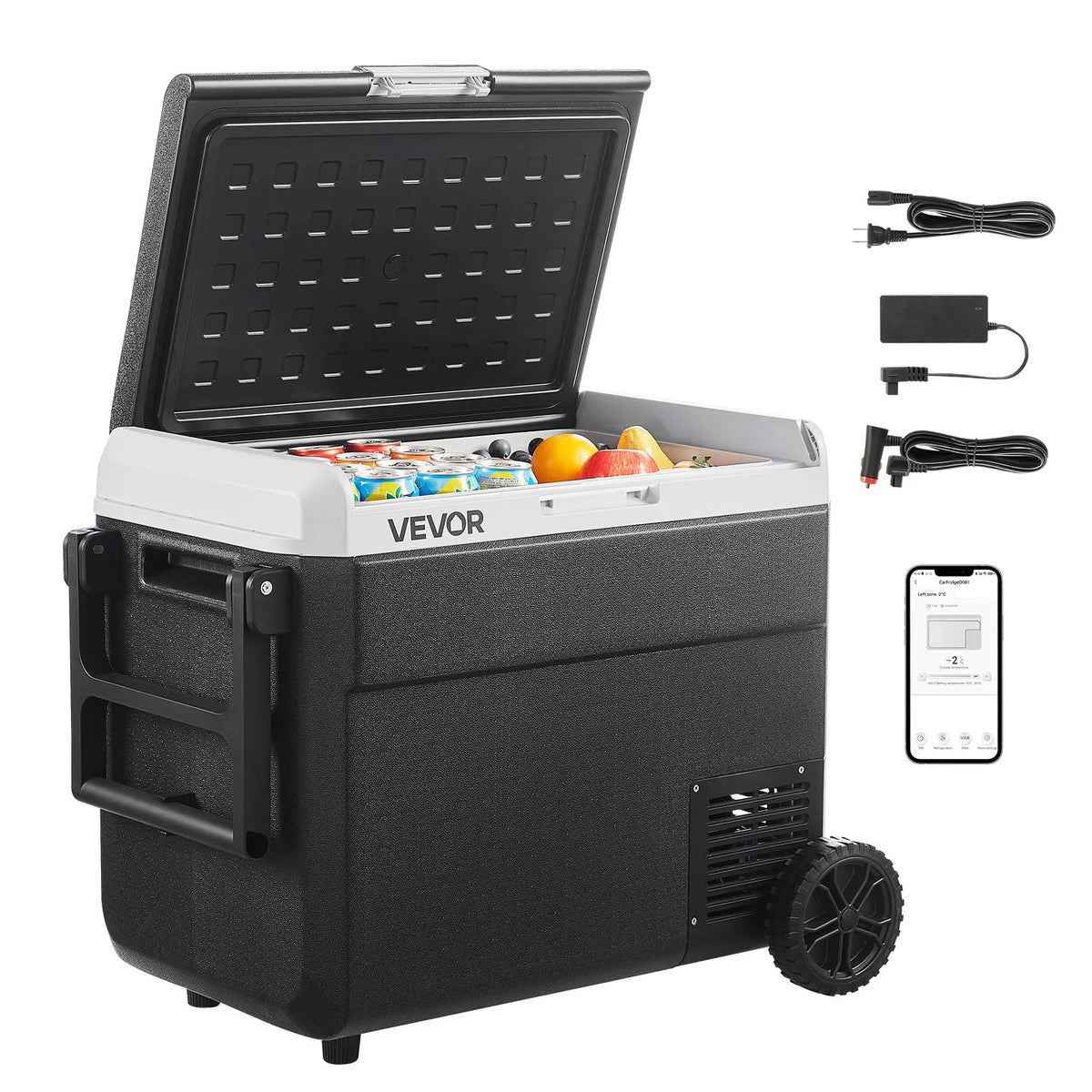 VEVOR 12 V auto ledusskapis 60 l ar riteņiem un rokturi, portatīvs kompresora dzesētājs ar regulējamu temperatūru no - 20 °C līdz 20 °C, 12/24 V DC un 100–240 V AC kempingam, ceļošanai un kemperiem - ZEMLETES.LV