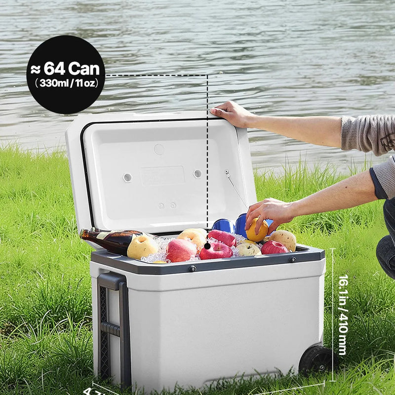 43 LVEVOR pārnēsājams dzesētājs ar riteņiem, termoizolēts ledus kaste ar ilgu ledus noturību, izturīgiem rokturiem un glāžu turētājiem, vieglas konstrukcijas korpuss, ideāli piemērots ģimenes piknikiem un tāliem braucieniem