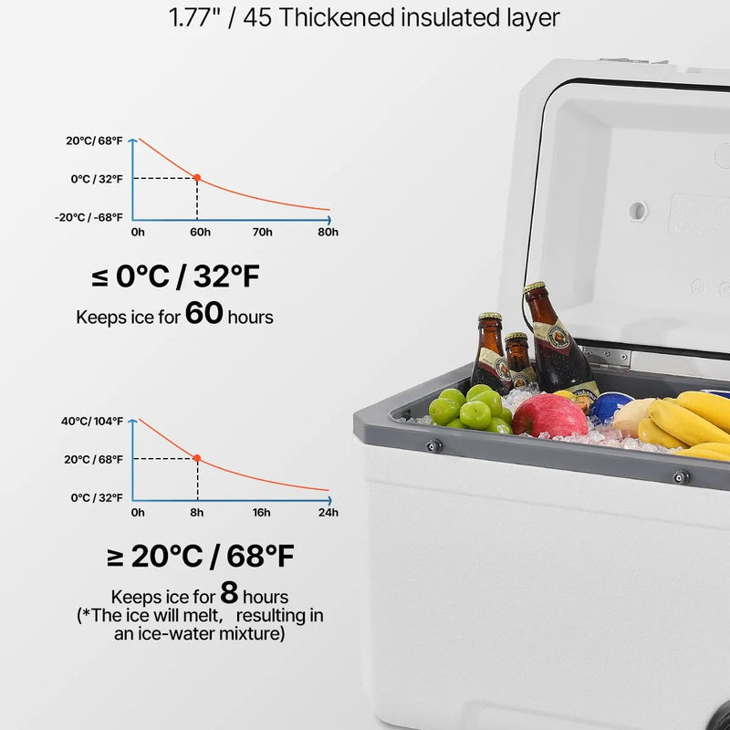 43 LVEVOR pārnēsājams dzesētājs ar riteņiem, termoizolēts ledus kaste ar ilgu ledus noturību, izturīgiem rokturiem un glāžu turētājiem, vieglas konstrukcijas korpuss, ideāli piemērots ģimenes piknikiem un tāliem braucieniem