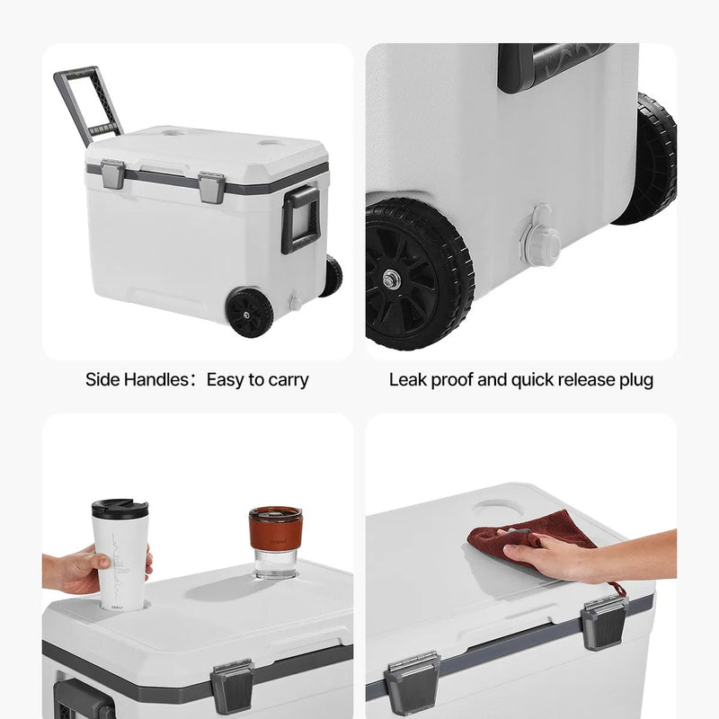 43 LVEVOR pārnēsājams dzesētājs ar riteņiem, termoizolēts ledus kaste ar ilgu ledus noturību, izturīgiem rokturiem un glāžu turētājiem, vieglas konstrukcijas korpuss, ideāli piemērots ģimenes piknikiem un tāliem braucieniem