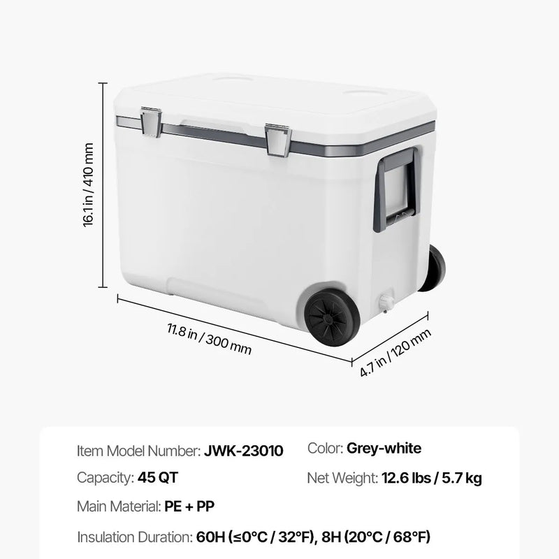 43 LVEVOR pārnēsājams dzesētājs ar riteņiem, termoizolēts ledus kaste ar ilgu ledus noturību, izturīgiem rokturiem un glāžu turētājiem, vieglas konstrukcijas korpuss, ideāli piemērots ģimenes piknikiem un tāliem braucieniem