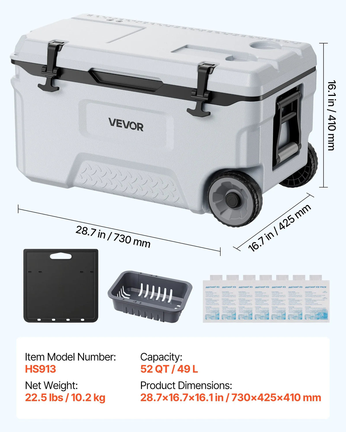 VEVOR Portable Cooler Box on Wheels 49 L, Insulated Cool Box with 48-Hour Cold Retention, Airtight, Lightweight for Camping, Picnics and Grilling