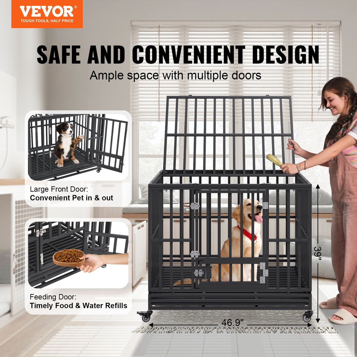 VEVOR Metal Dog Cage with 3 Doors, Lockable Wheels and Removable Tray, for Medium and Large Dogs, 120 cm