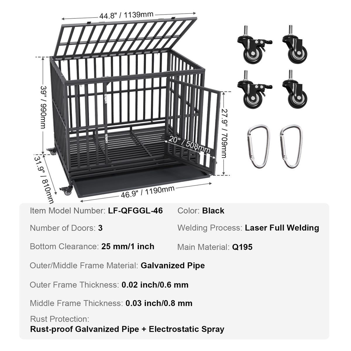 VEVOR Metal Dog Cage with 3 Doors, Lockable Wheels and Removable Tray, for Medium and Large Dogs, 120 cm