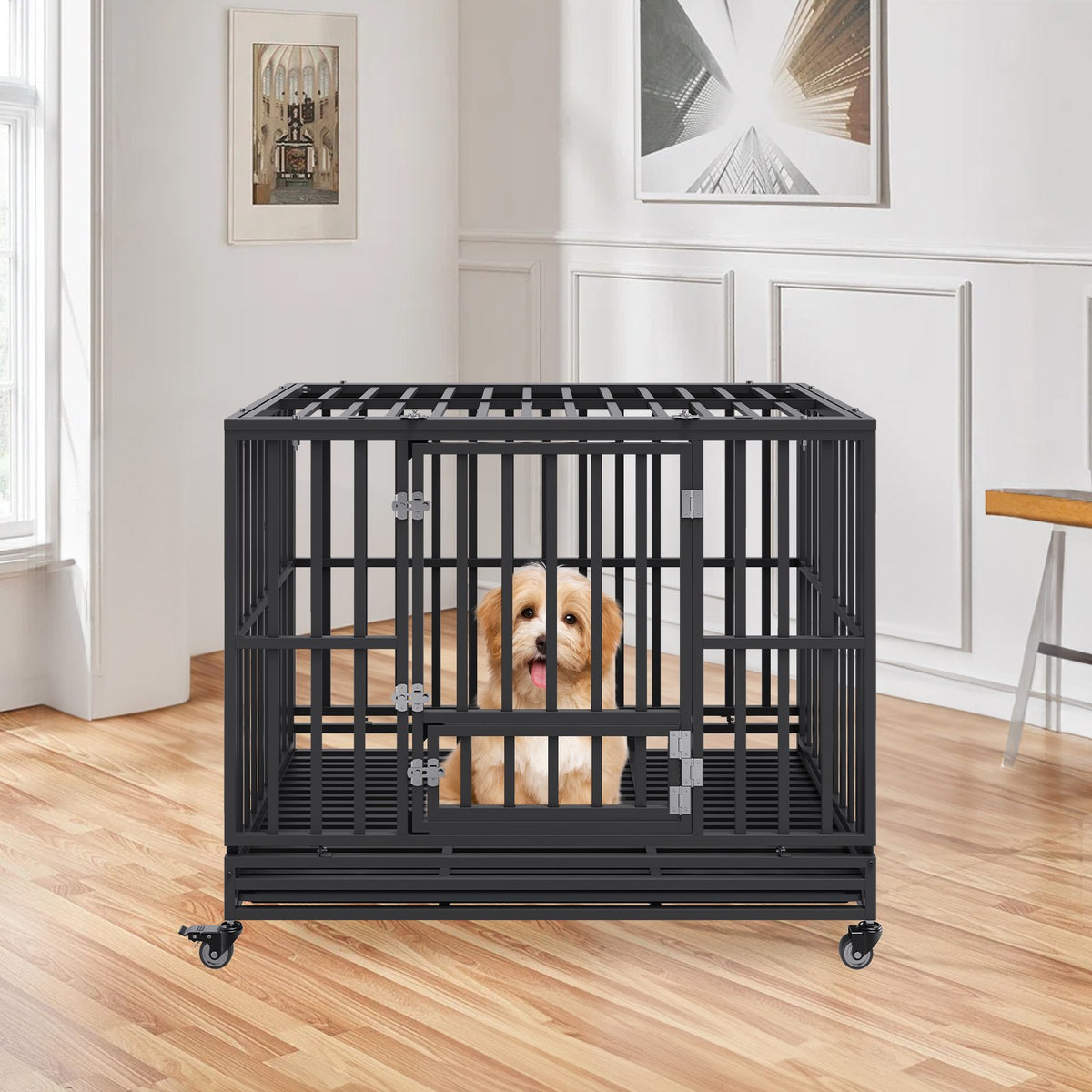 VEVOR Metal Dog Cage with 3 Doors, Lockable Wheels and Removable Tray, for Medium and Large Dogs, 120 cm