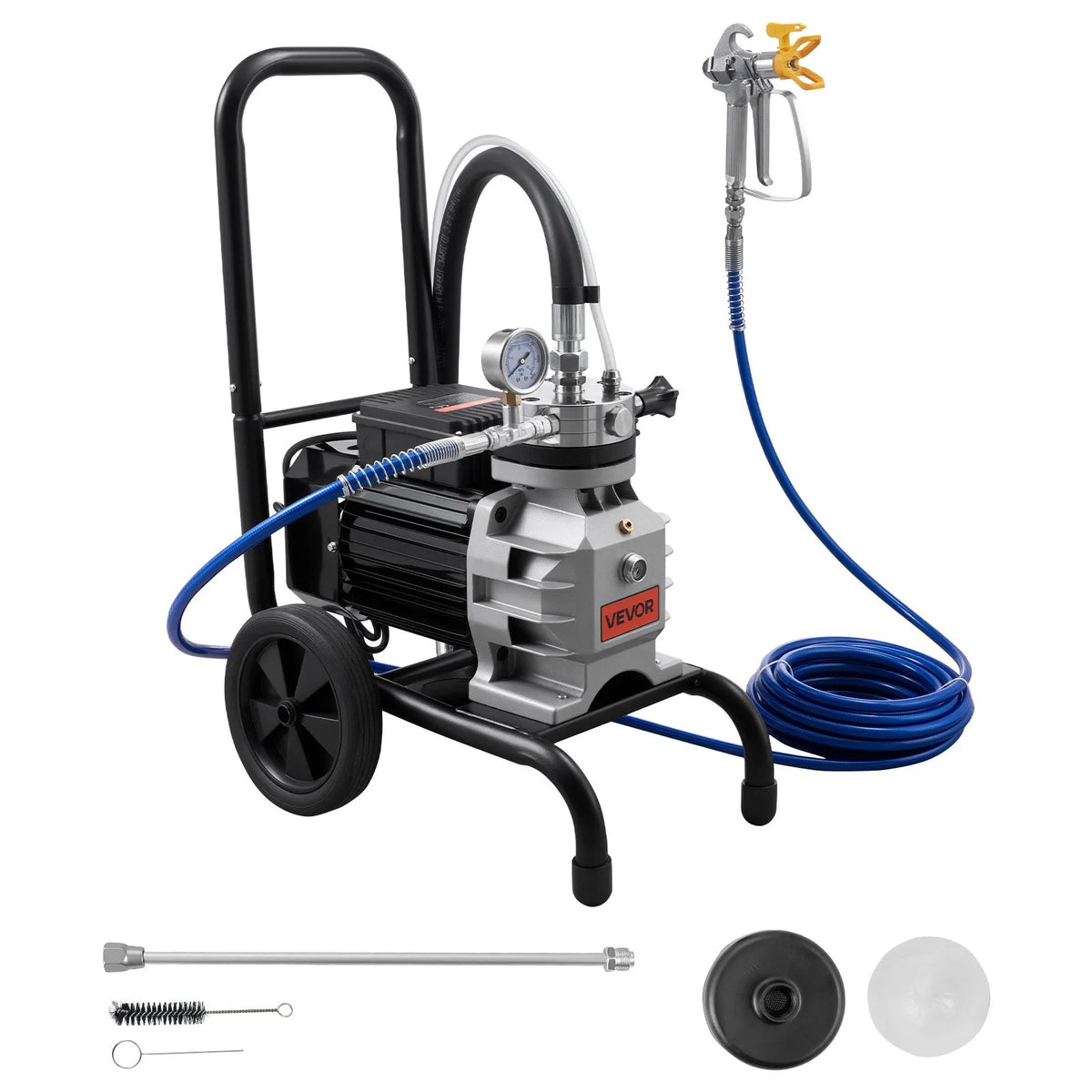 VEVOR bezgaisa membrānas krāsas smidzinātājs, 1100 W ratiņu tipa smidzinātājs, 151,7 bar augstspiediens, ar pagarinājuma stieni, tīrīšanas adatu un suku, piemērots iekštelpu un āra krāsošanai - ZEMLETES.LV