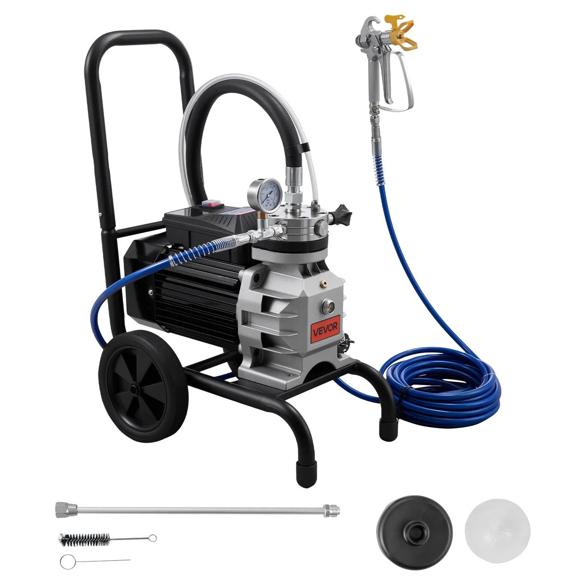 VEVOR Airless Paint Sprayer 1500 W, Cart-Type Painting Machine with 2800 PSI High Pressure, Extension Hose, Cleaning Needles and Brush, for Indoor and Outdoor Use