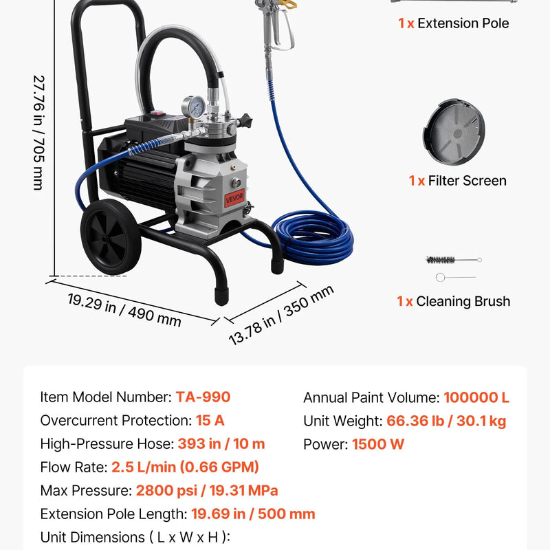 VEVOR bezgaisa membrānas krāsas smidzinātājs 1500 W, ratiņu tipa krāsošanas iekārta ar 2800 PSI augstu spiedienu, pagarinātāju, tīrīšanas adatu un birsti, iekšdarbiem un ārdarbiem
