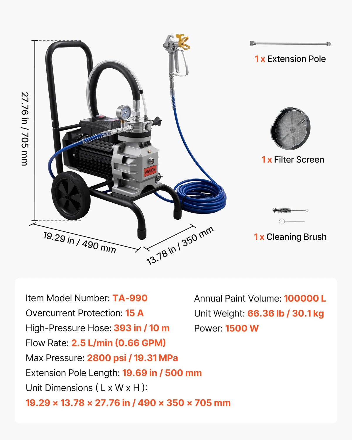 VEVOR Airless Paint Sprayer 1500 W, Cart-Type Painting Machine with 2800 PSI High Pressure, Extension Hose, Cleaning Needles and Brush, for Indoor and Outdoor Use
