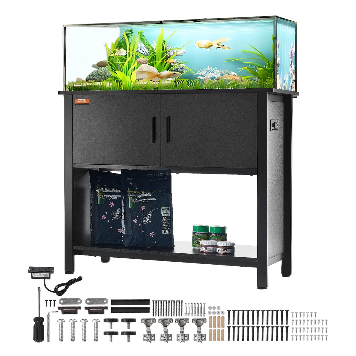 VEVOR akvārija statīvs ar skapīti un elektrobloku, tērauds un MDF, 151 l, līdz 152 kg, melns