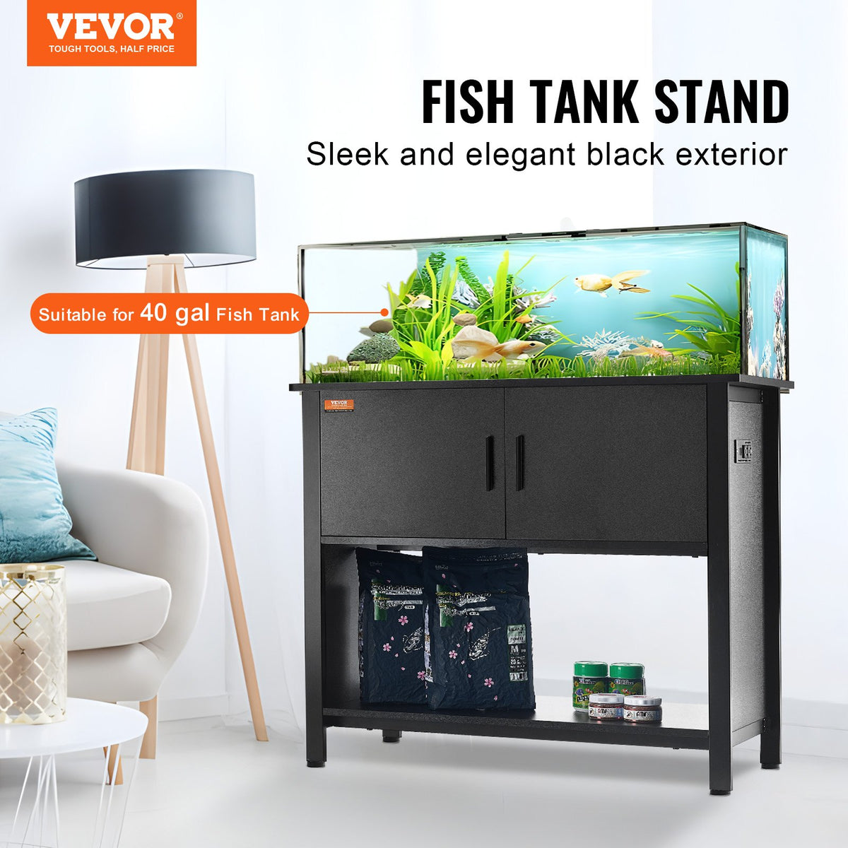 VEVOR akvārija statīvs ar skapīti un elektrobloku, tērauds un MDF, 151 l, līdz 152 kg, melns