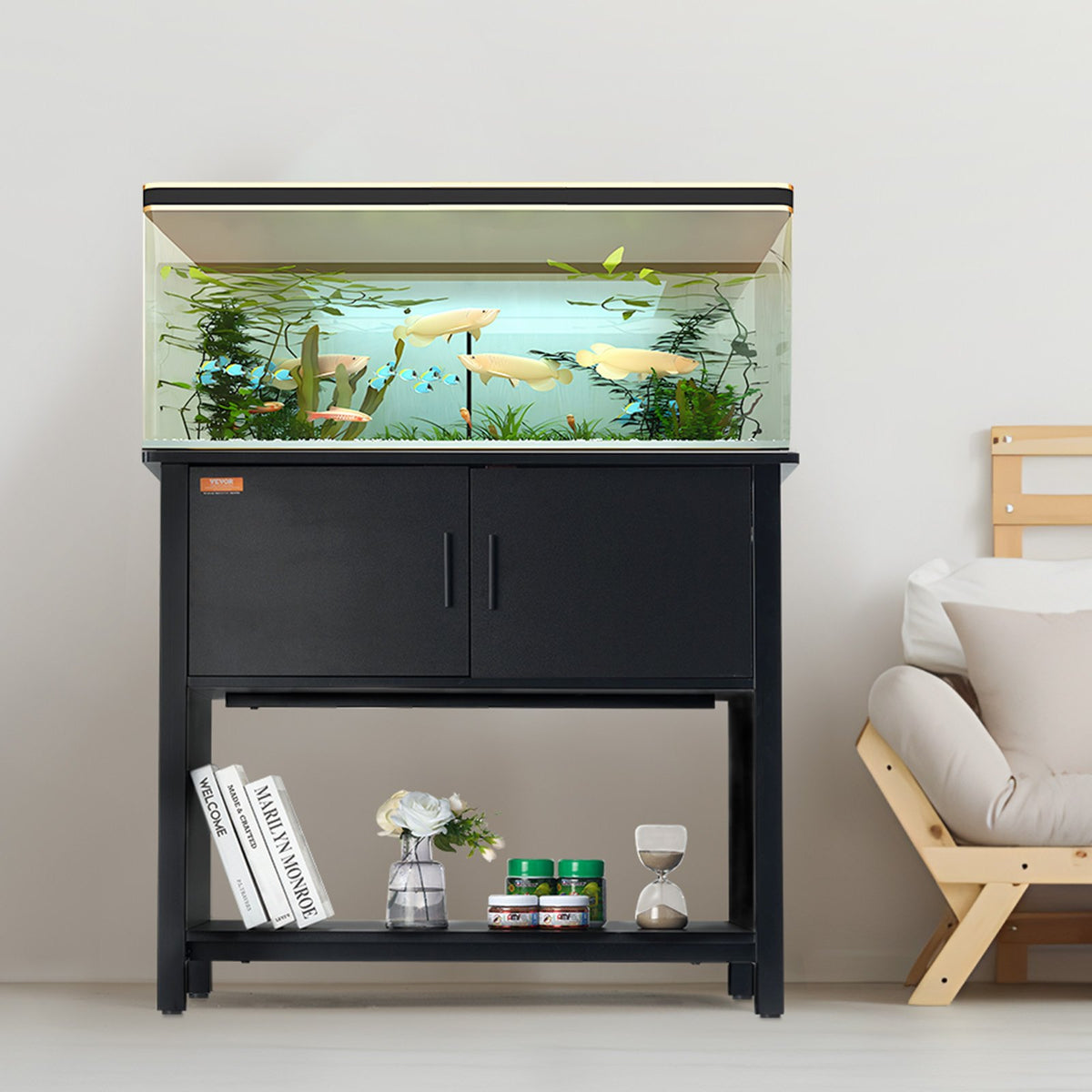 VEVOR akvārija statīvs ar skapīti un elektrobloku, tērauds un MDF, 151 l, līdz 152 kg, melns