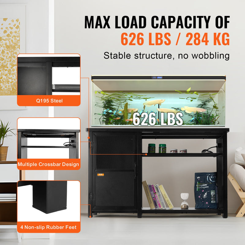 VEVOR 284 litru akvārija statīvs ar skapīti un iebūvētu barošanas paneli, tērauds un MDF, melns