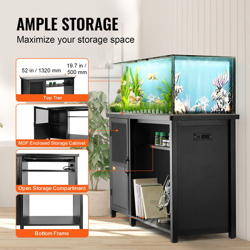 VEVOR 284 litru akvārija statīvs ar skapīti un iebūvētu barošanas paneli, tērauds un MDF, melns