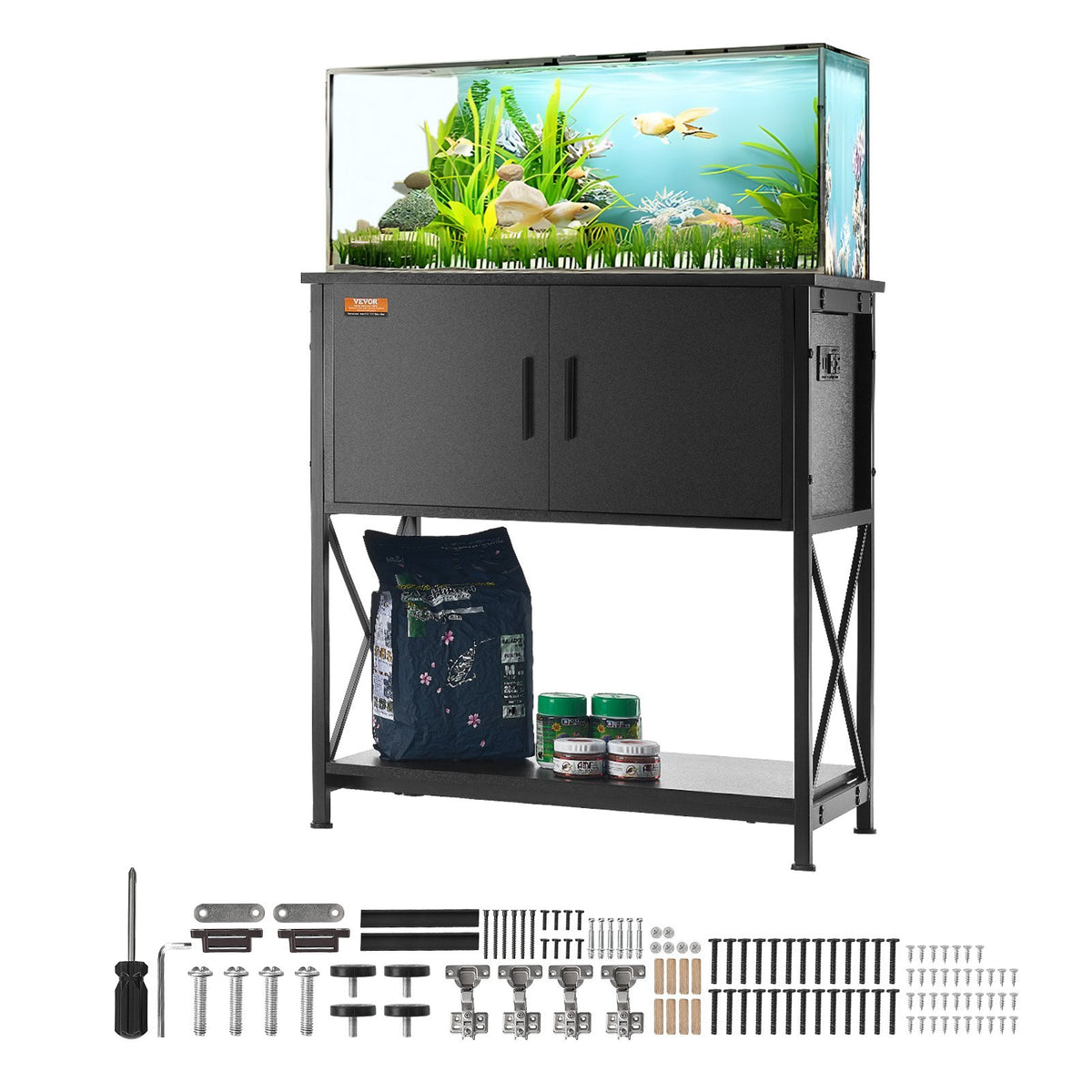 VEVOR akvārija statīvs ar skapīti un elektrobloku, tērauds un MDF, 110 l, līdz 110 kg, melns