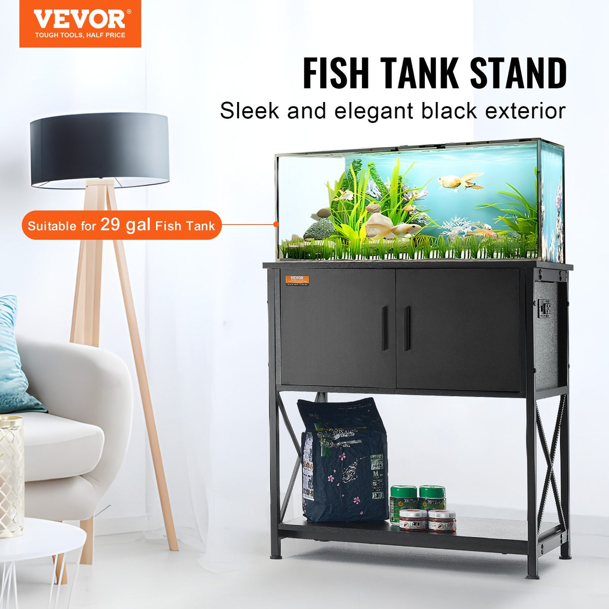 VEVOR akvārija statīvs ar skapīti un elektrobloku, tērauds un MDF, 110 l, līdz 110 kg, melns