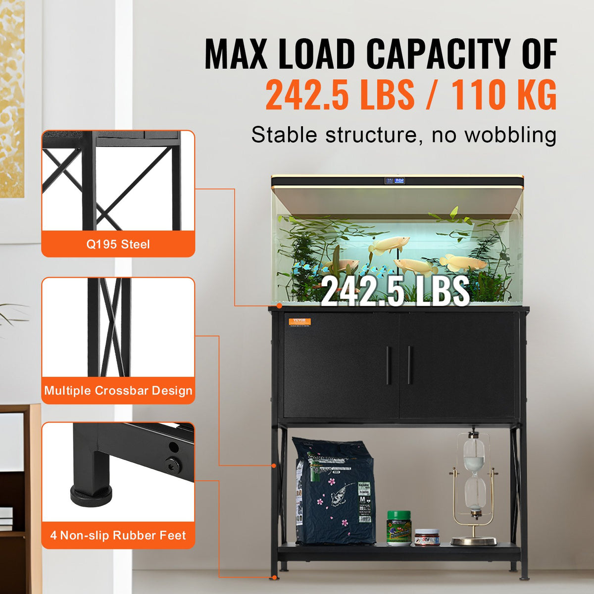 VEVOR akvārija statīvs ar skapīti un elektrobloku, tērauds un MDF, 110 l, līdz 110 kg, melns