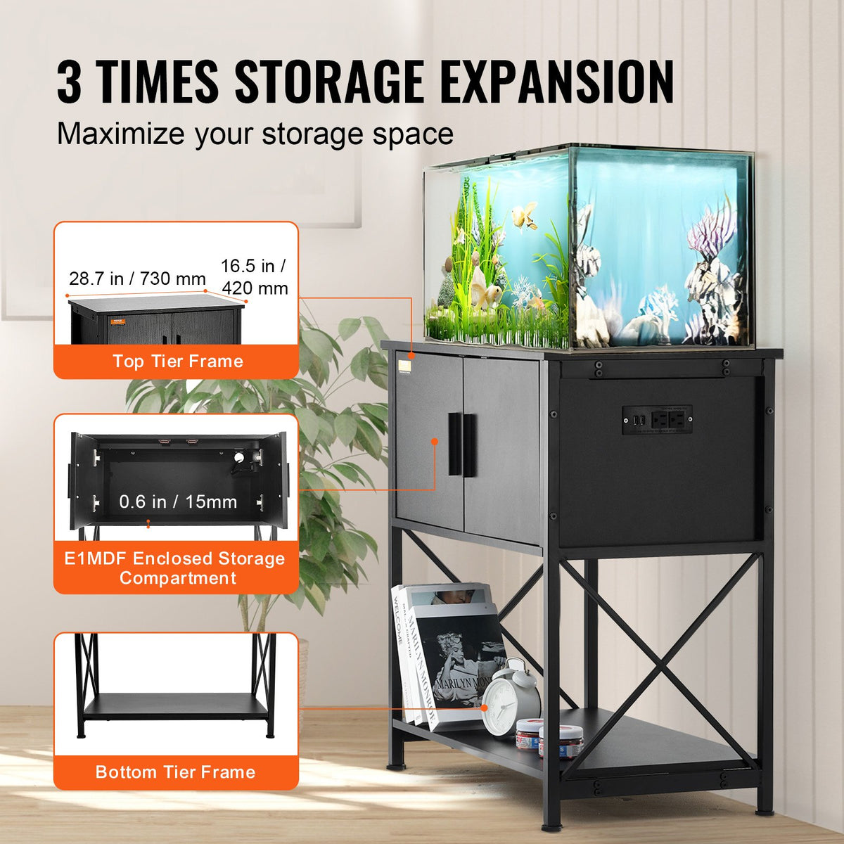 VEVOR akvārija statīvs ar skapīti un elektrobloku, tērauds un MDF, 110 l, līdz 110 kg, melns